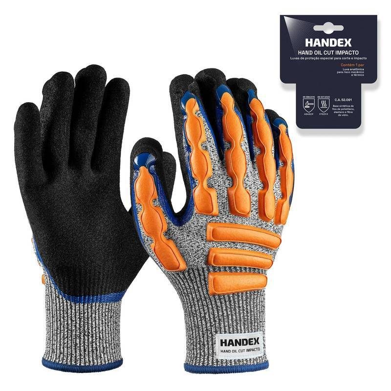 LUVA HANDEX HAND OIL CUT IMPACTO PRETA COM CINZA E LARANJA CA: 52.091 - PAR ENCARTELADO