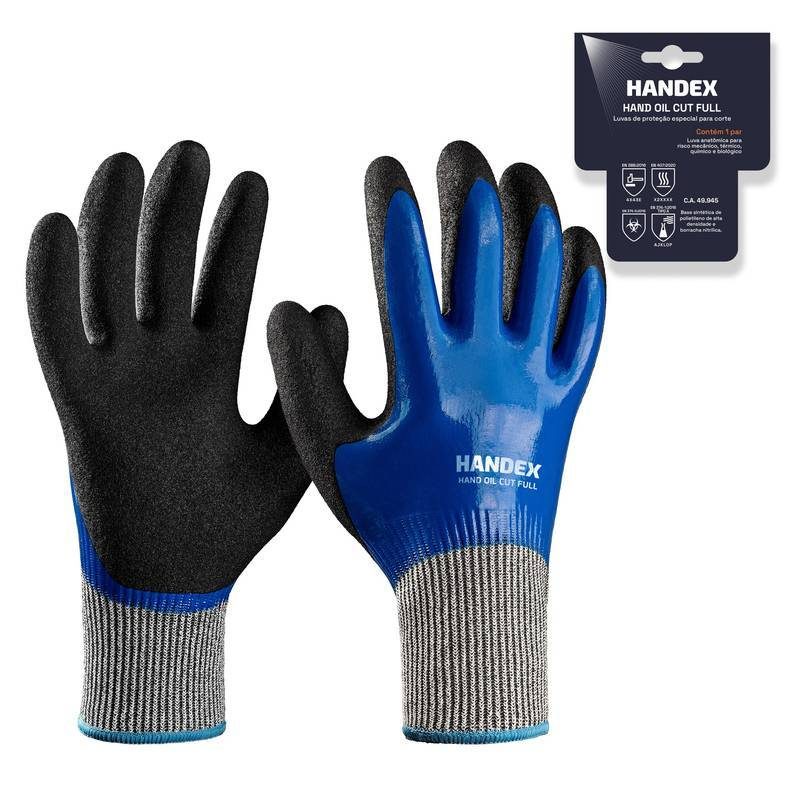 LUVA HANDEX HAND OIL CUT FULL CINZA COM AZUL E PRETO CA: 49.945 - PAR ENCARTELADO